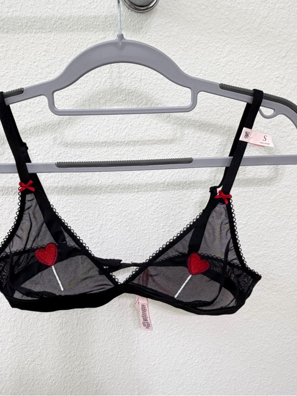 Small VS unlined Mesh Demi bra Black Embroidered Heart Lollipop - Picture 7 of 14